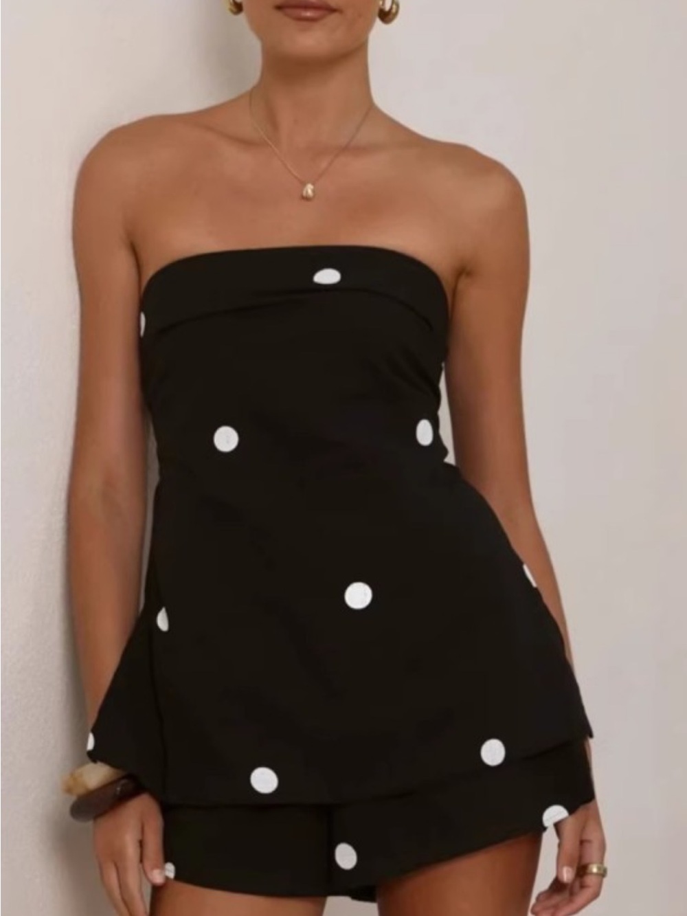 NWT 2pc Strapless Black Polka Dot Long Top and Short Set